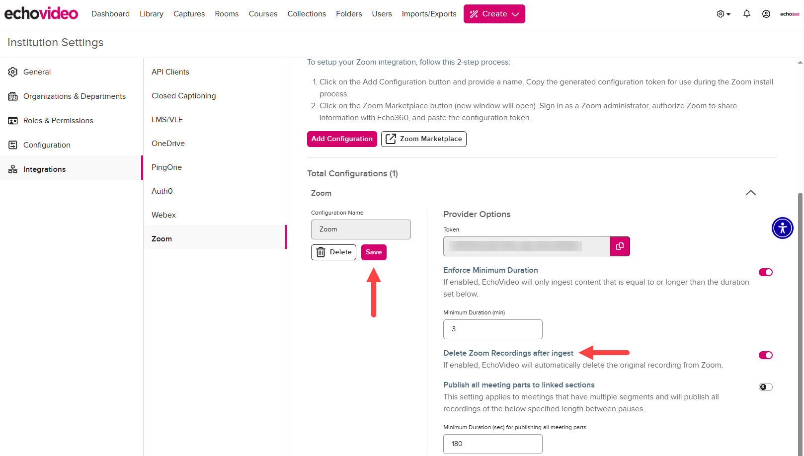Navigation to Delete Zoom Recordings after ingest toggle as described
