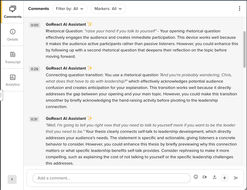 Comments panel showing AI feedback on rhetorical questions and transitions in a speech, with timestamps and suggestions.