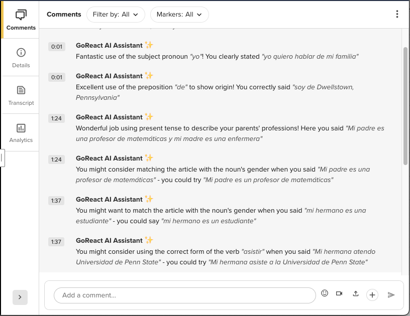 Screenshot of GoReact interface showing comments from GoReact AI Assistant. Comments provide feedback on Spanish grammar and usage, including subject pronouns, prepositions, verb tense, and gender agreement.