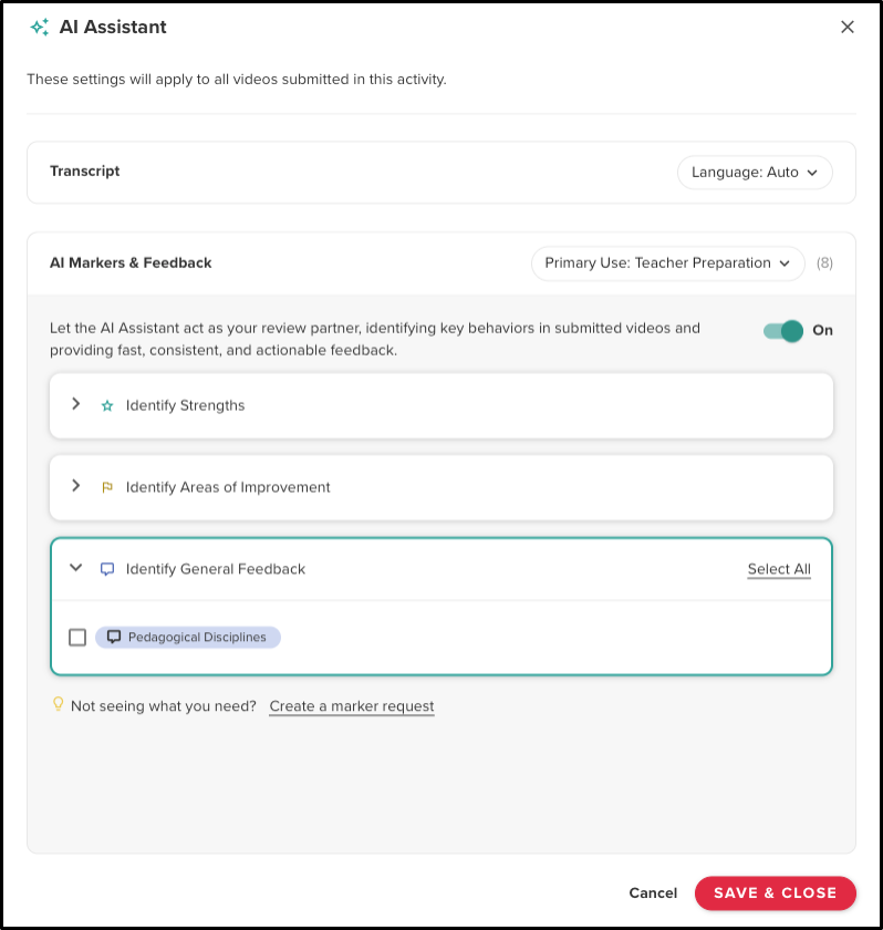 AI Assistant settings panel showing options to identify strengths, areas of improvement, and general feedback