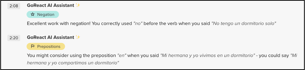 GoReact AI feedback on negation and preposition use in Spanish sentences