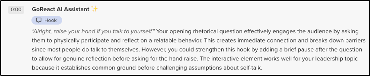 GoReact AI feedback at 0:00 suggests improving a rhetorical hook by adding a pause for reflection