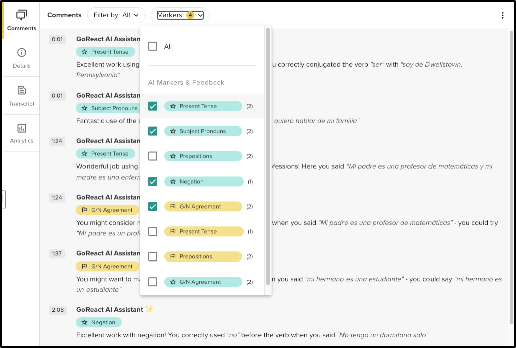 GoReact comments panel showing AI feedback and a dropdown filter for markers like tense, pronouns, and agreement