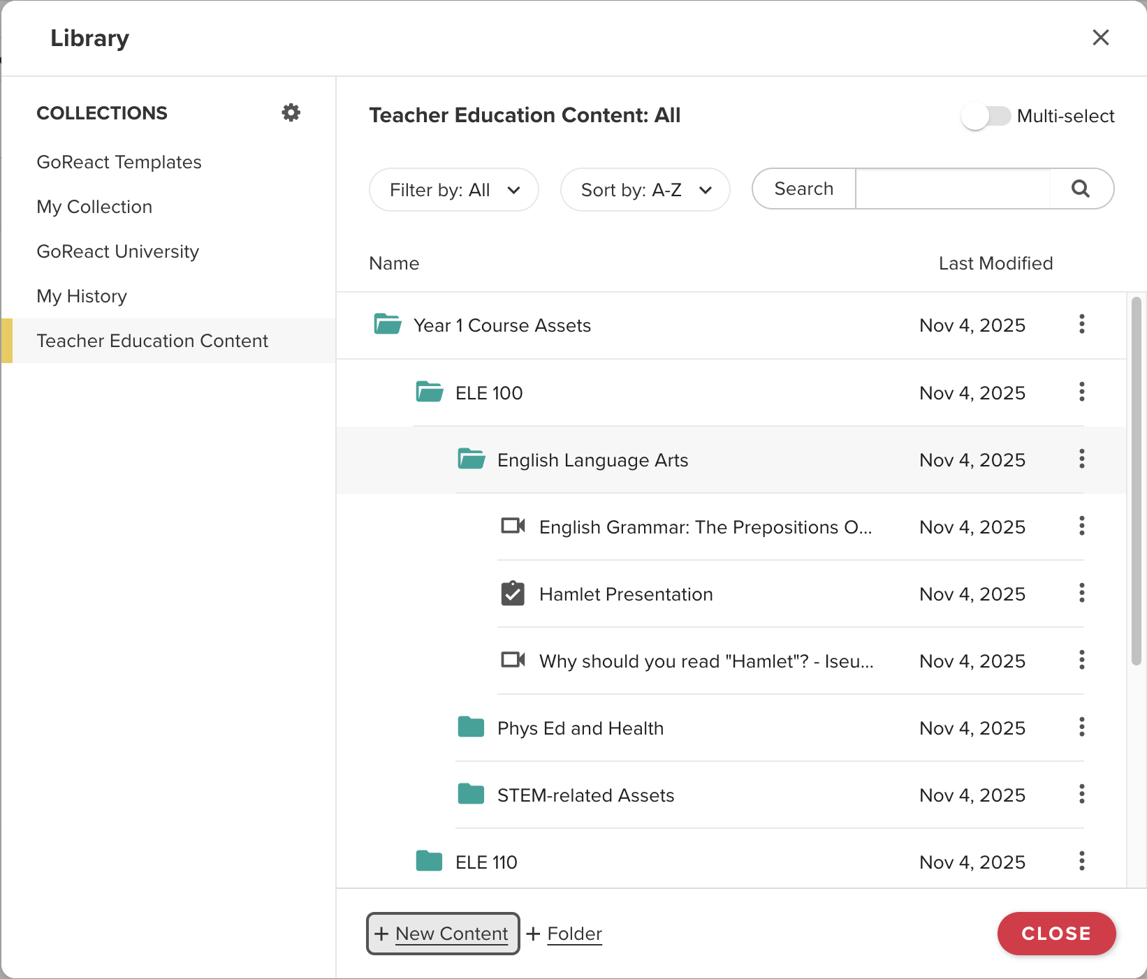 Library view showing three levels of folders and their files