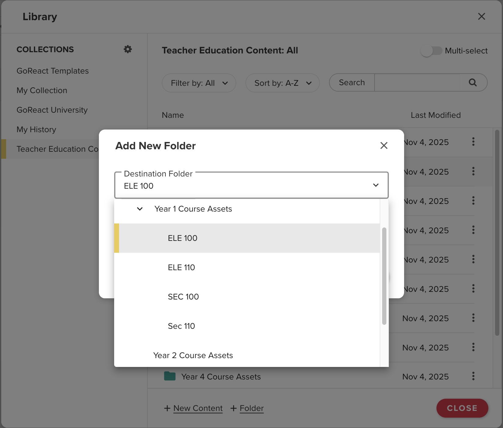 Add New Folder modal showing available destination folders