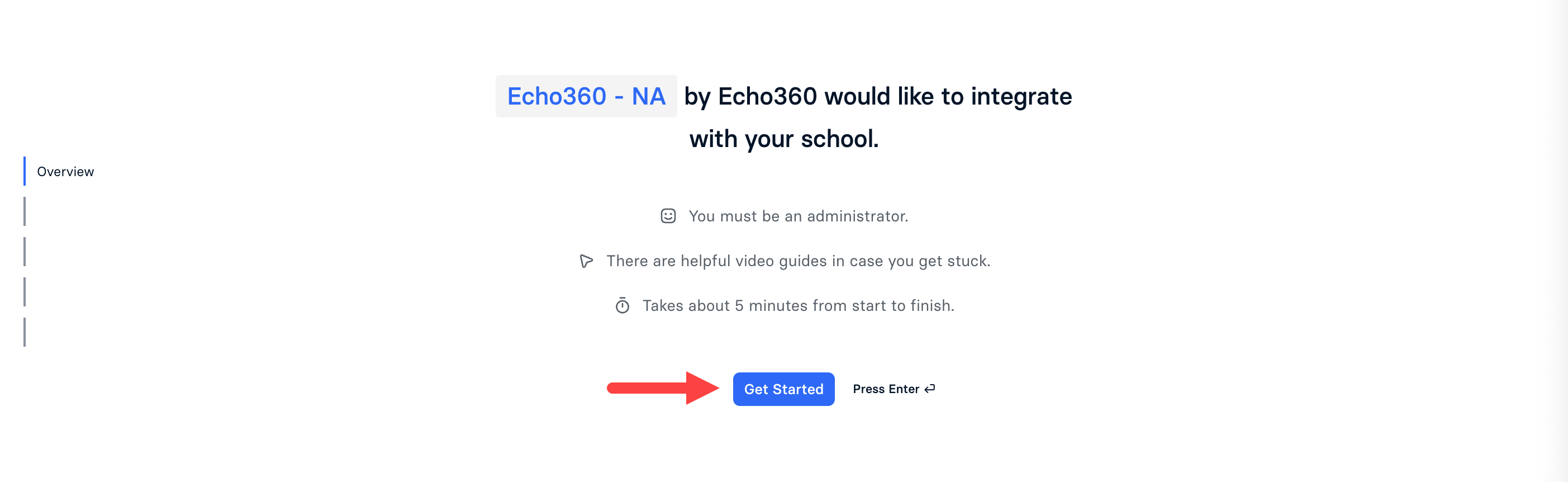 Integration screen with Get Started button identified