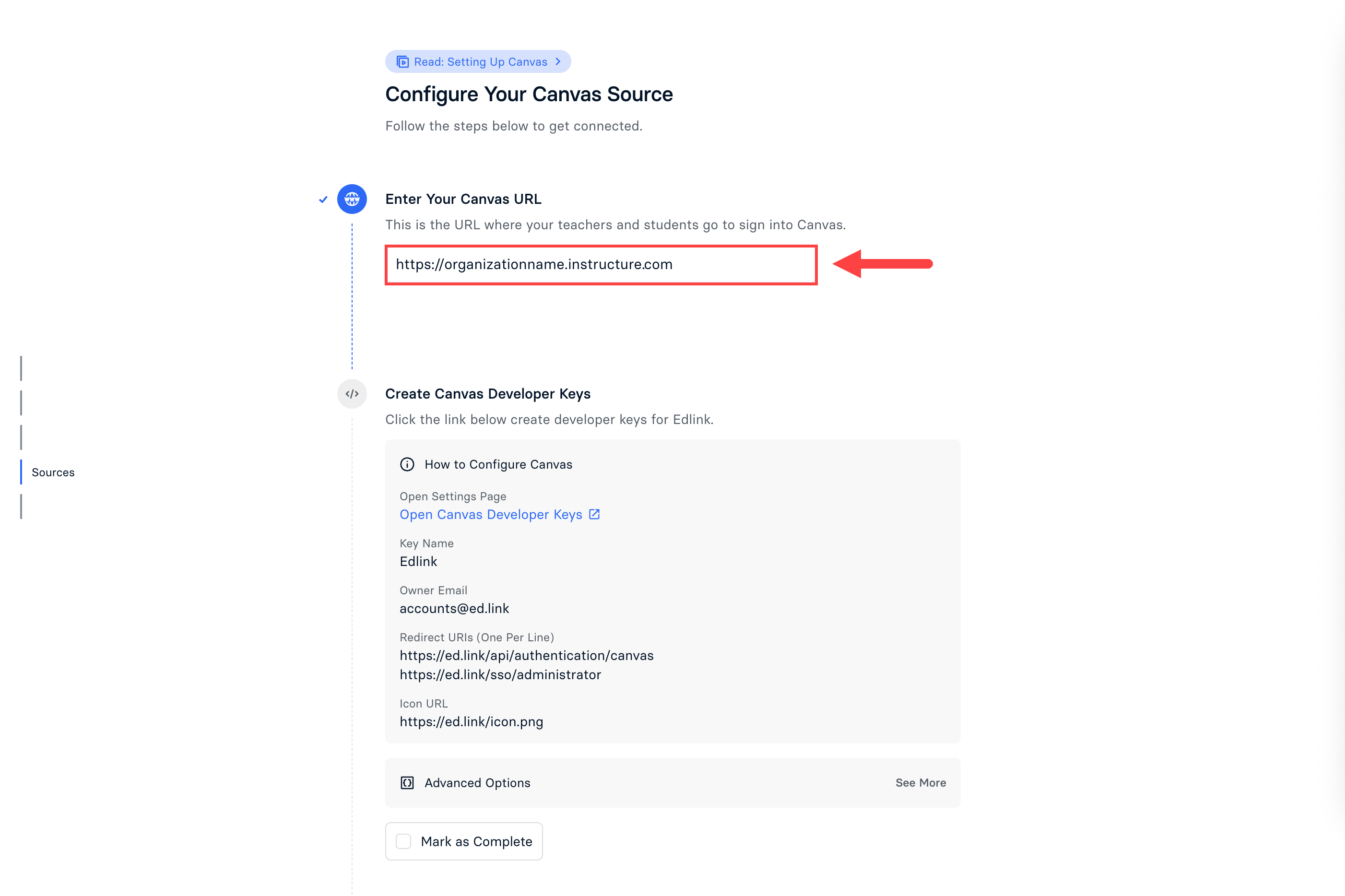 Integration workflow screen with box to Enter Your Canvas URL identified as described