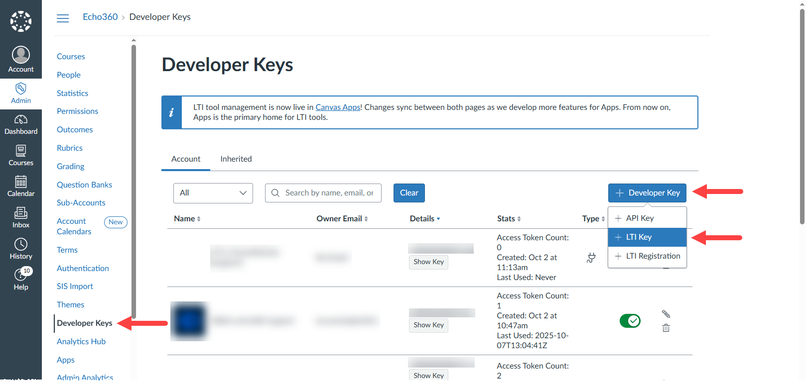 Canvas Admin menu with Developer Keys, add developer keys, and LTI Keys options identified