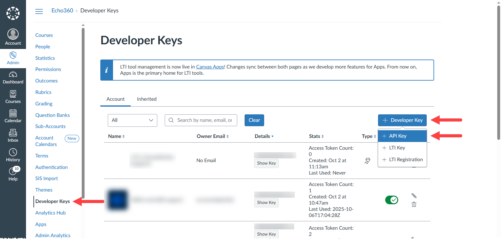 Canvas Admin menu with Developer Keys, add developer keys, and API keys options identified