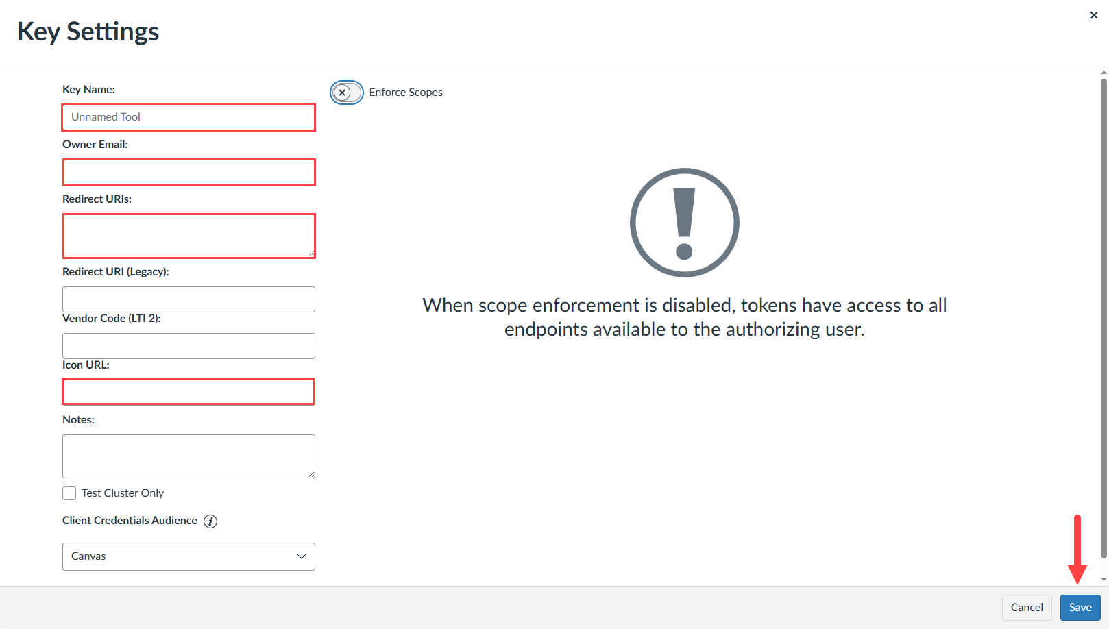 Canvas API Key Settings with required fields and Save button identified as described