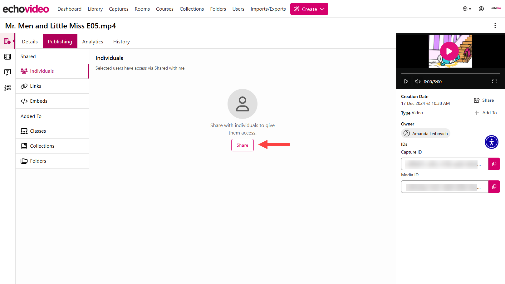 Media Details Page open to Publishing, Individuals, with the Share button identified as described