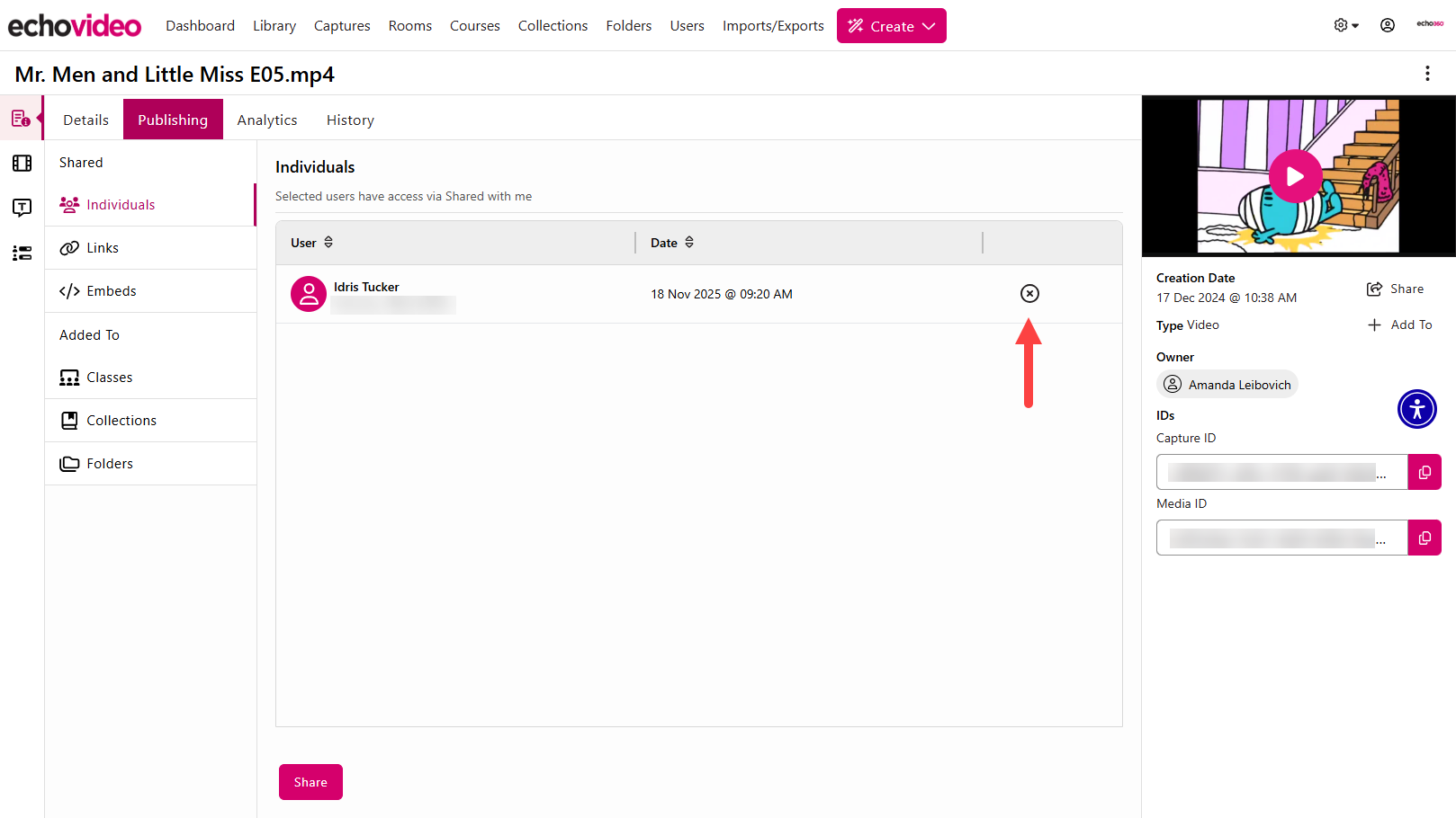 Share to individuals section of media details page with unshare X icon identified as described
