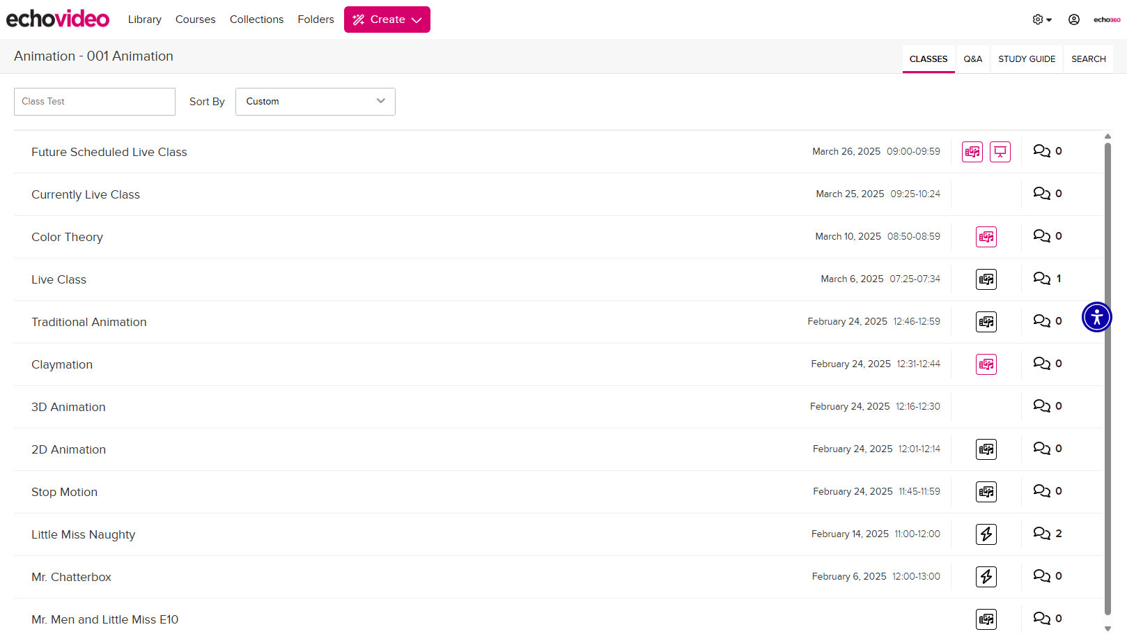 Student view of an EchoVideo course class list with classes for selection as described