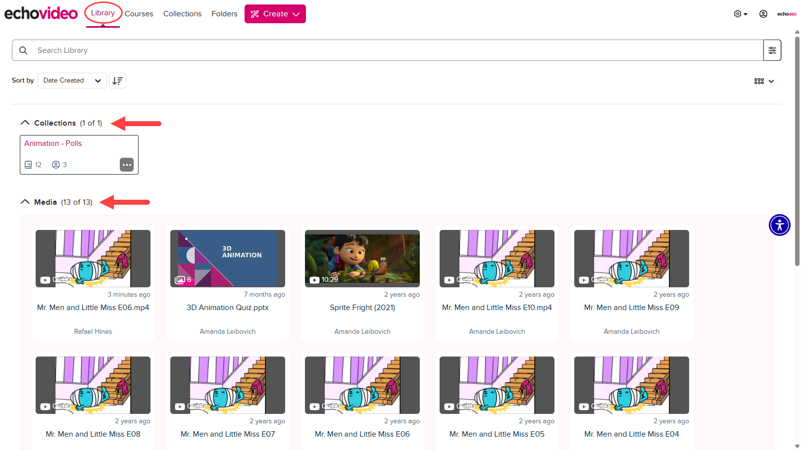 Library page showing collections panel and media tiles for library media as described