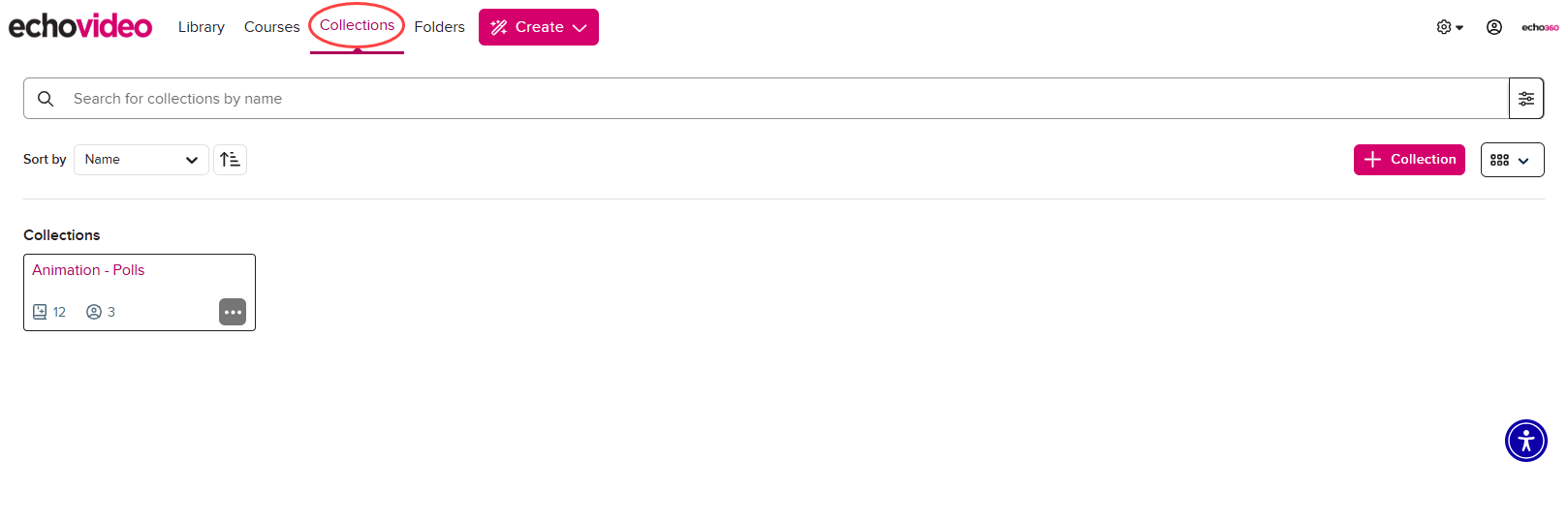 Collections page with main menu navigation identified and collection tiles appearing on the page as described