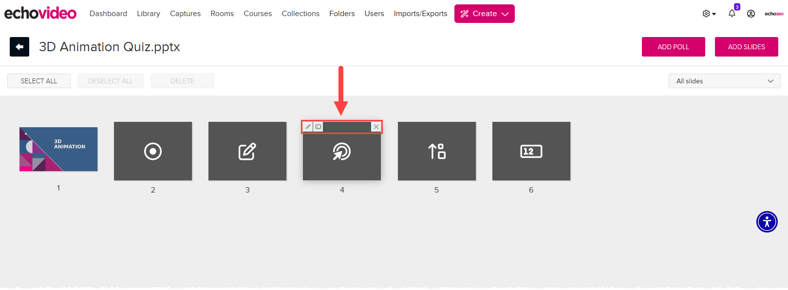 Edit presentation page with edit and view and delete buttons for a polling slide identified as described
