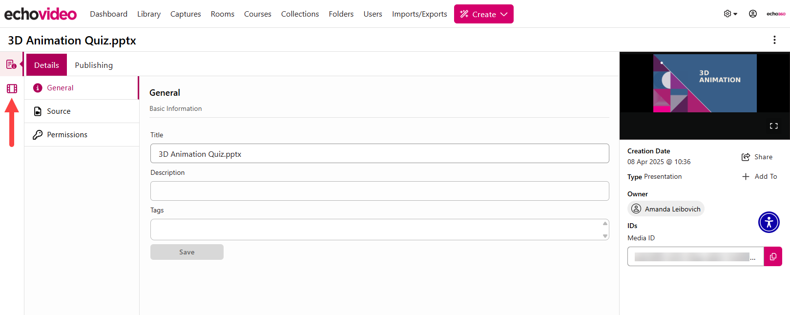 Media Details page for a presentation with Media Editor option identified as described