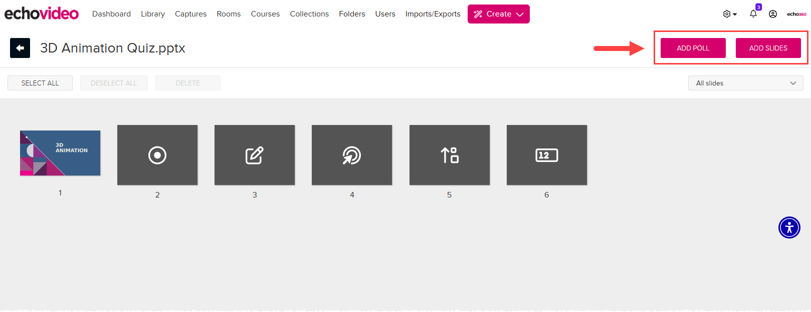 Edit presentation page with Add Poll and Add Slide buttons identified as described