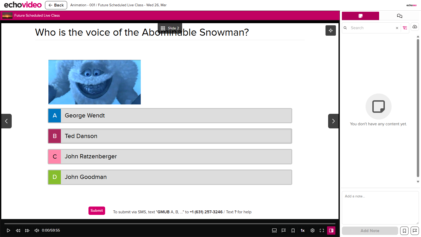 Student view of multiple choice poll with response selections and submit button as described