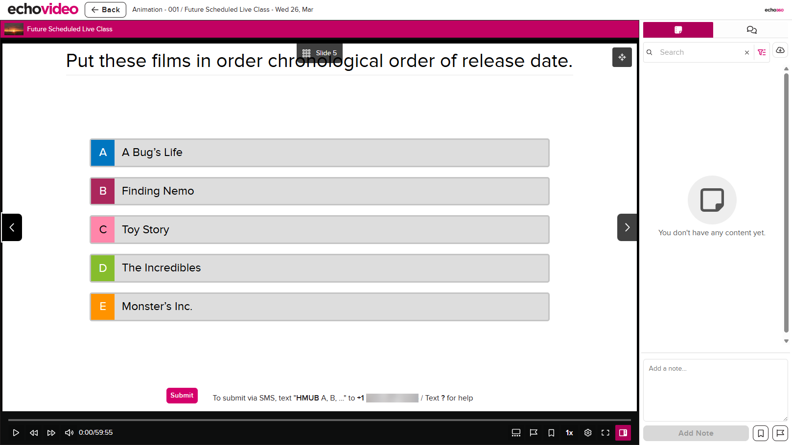 Student view of ordered list poll with response options and submit button as described