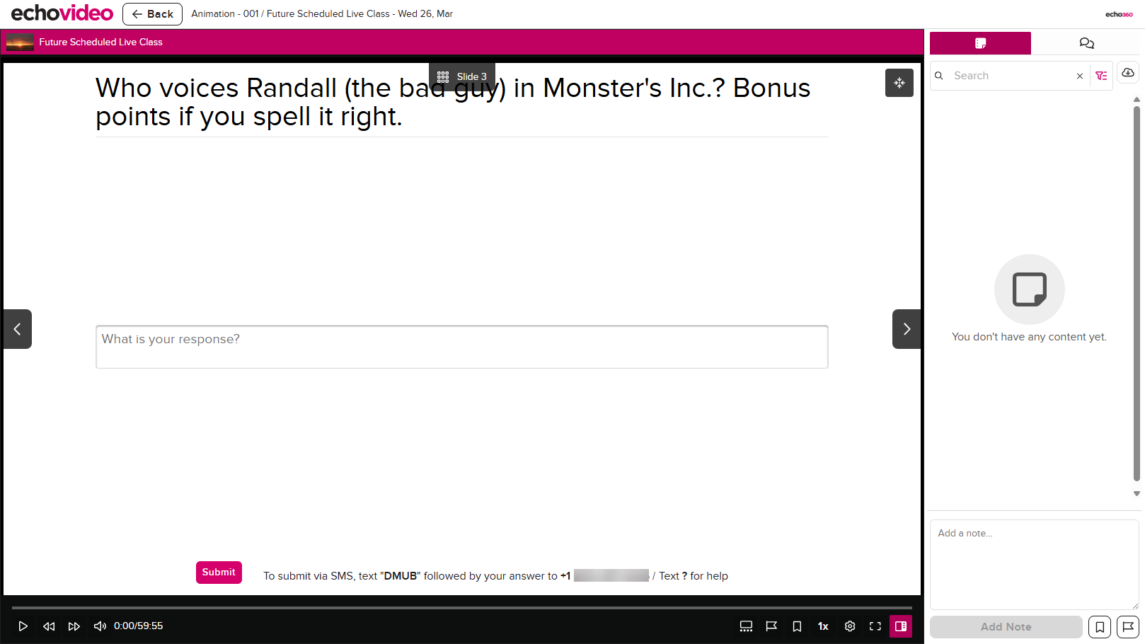 Student view of short answer poll with question and response field and submit button as described