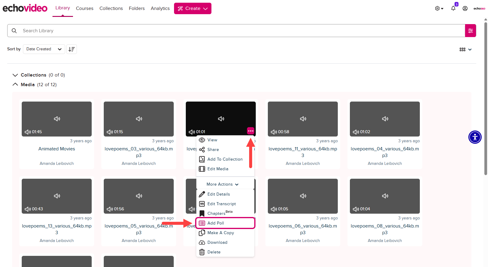 Video media tile in the library with tile menu open and add a poll option identified as described