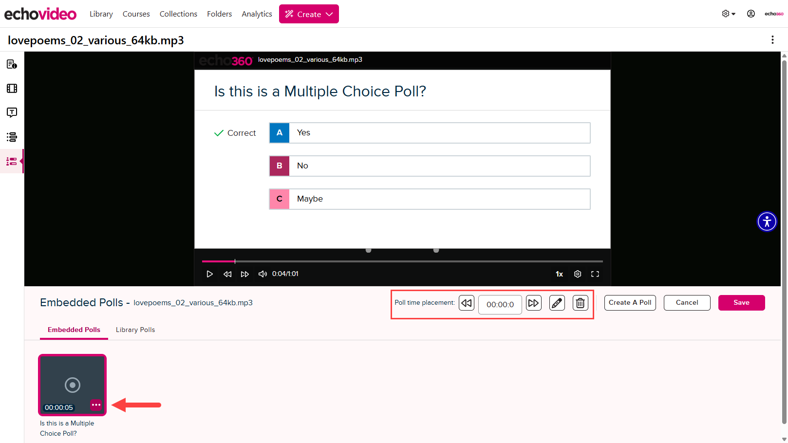 Media details page for a video open with a poll displayed and embedded polls and poll actions identified as described