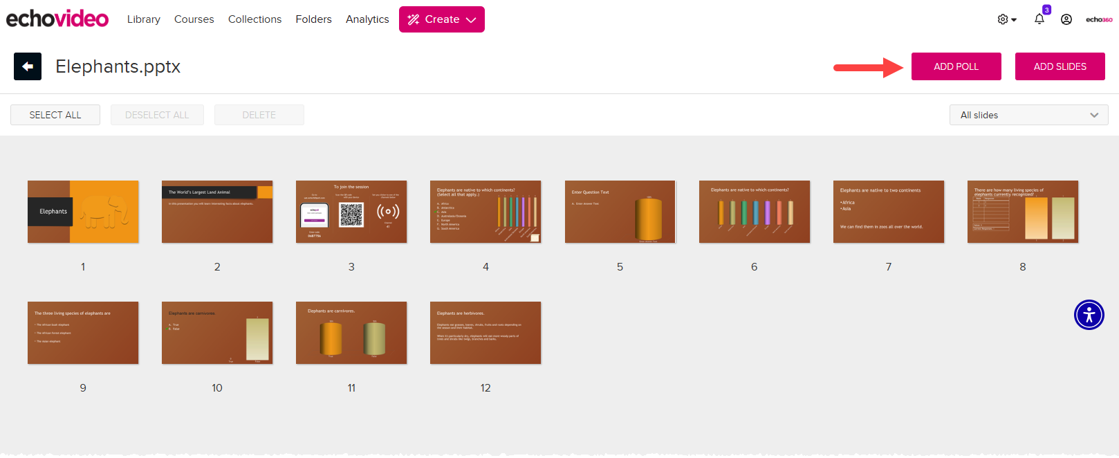 The Presentation Editor is shown with the Add Poll button identified 
