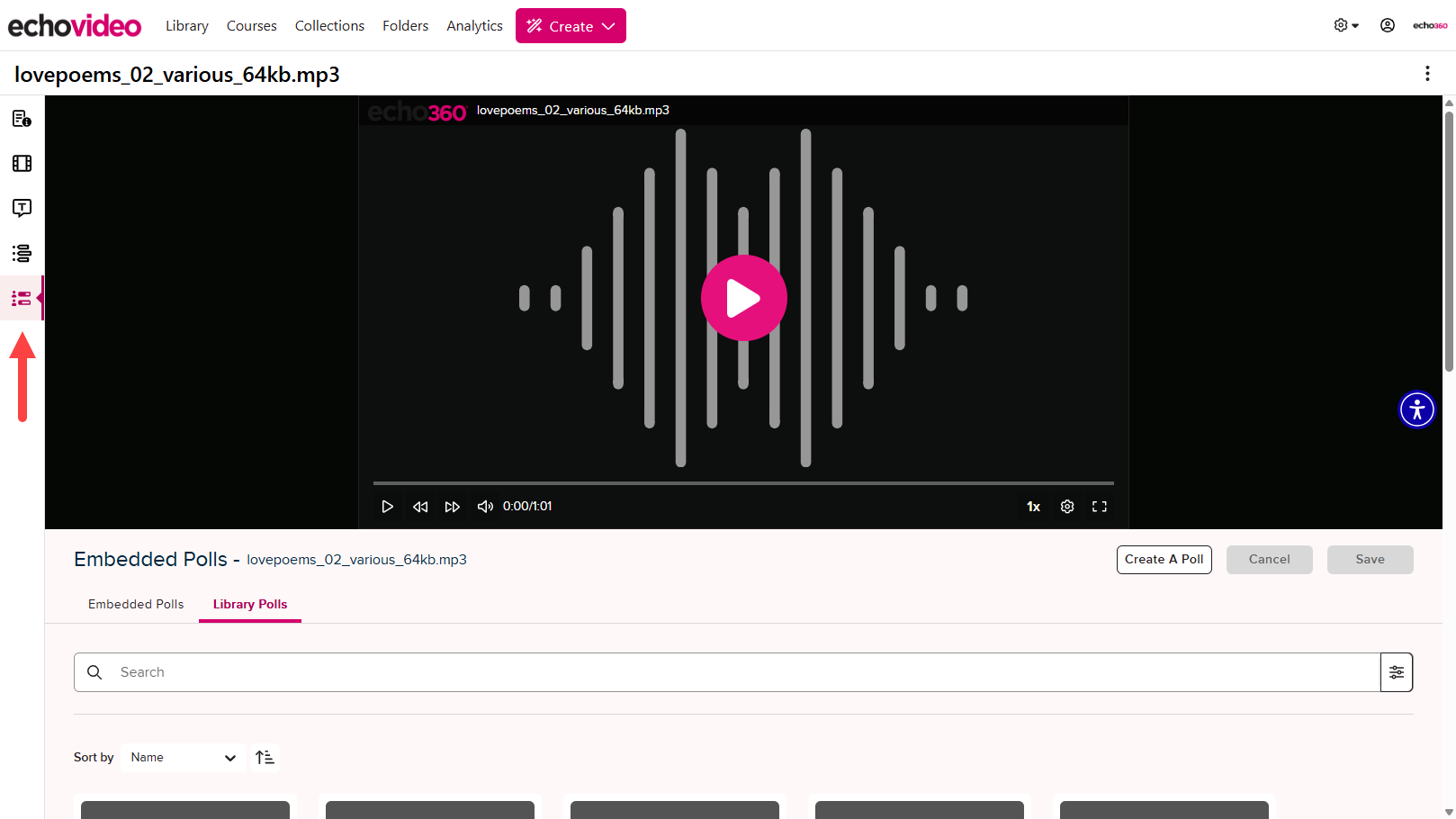 Media details page for audio open and Polls option identified for steps as described