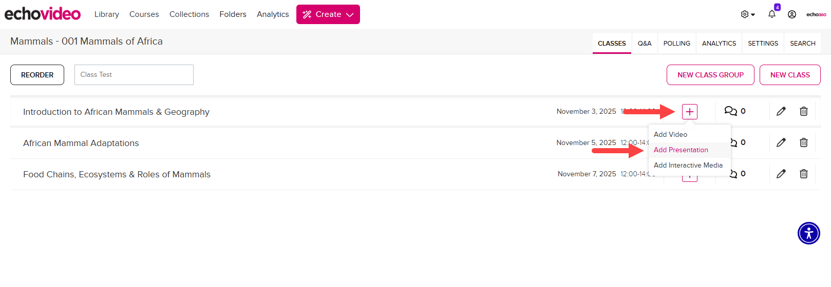 Class List shown with Add Presentation button identified