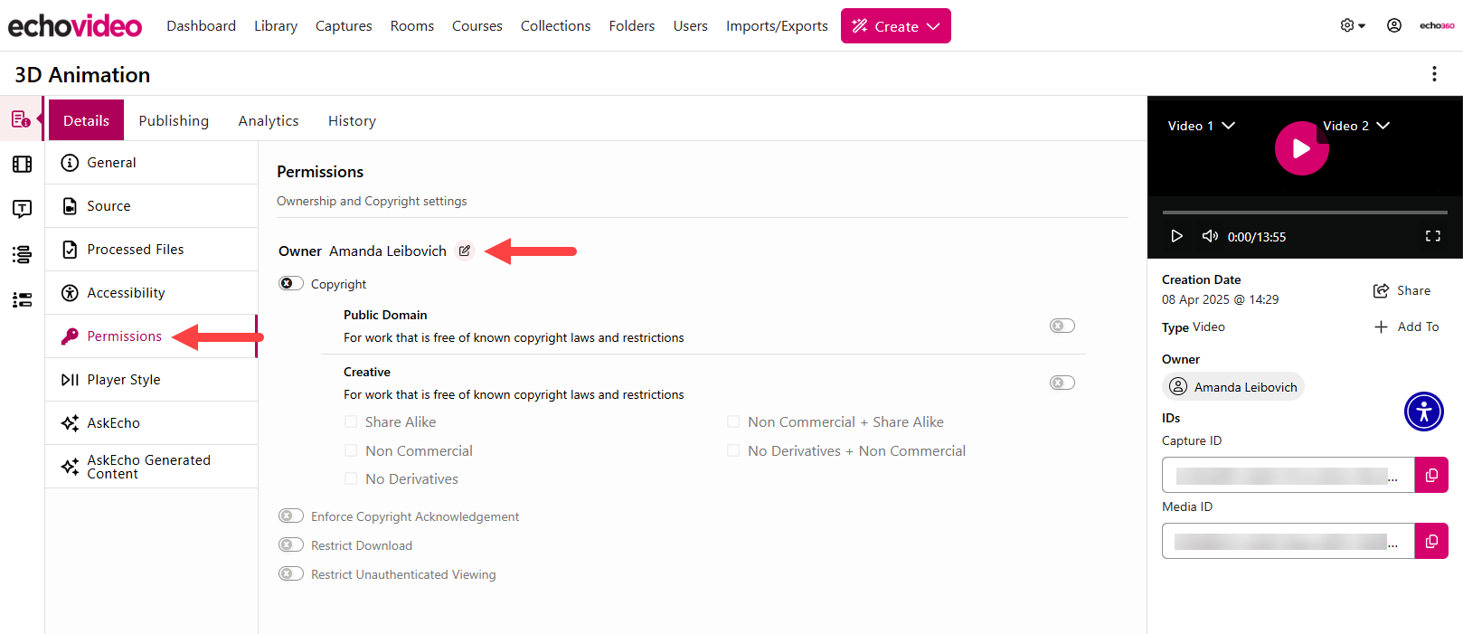 Admin media details page with owner field identified for steps as described