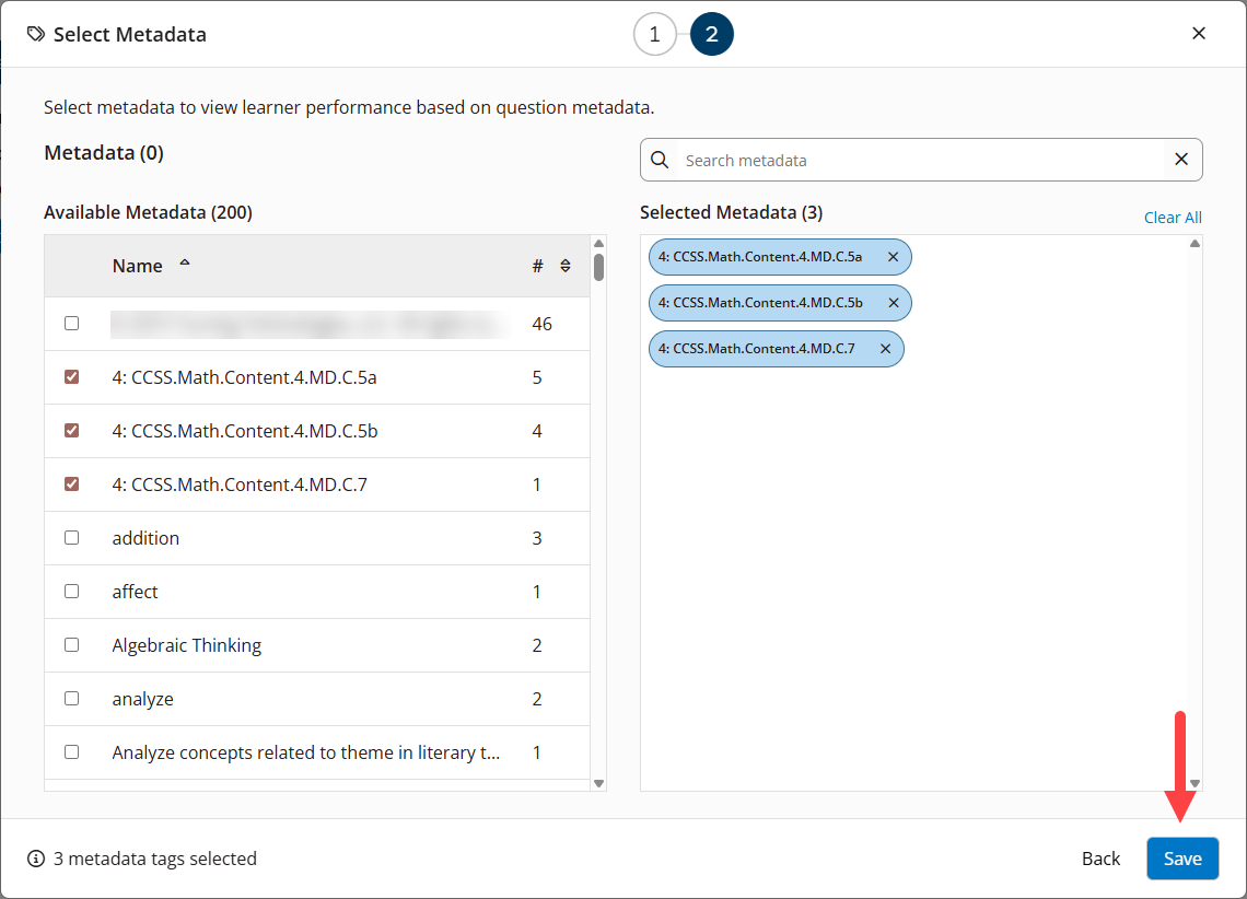 The Select Metadata modal with metadata selected and the Save button identified as described
