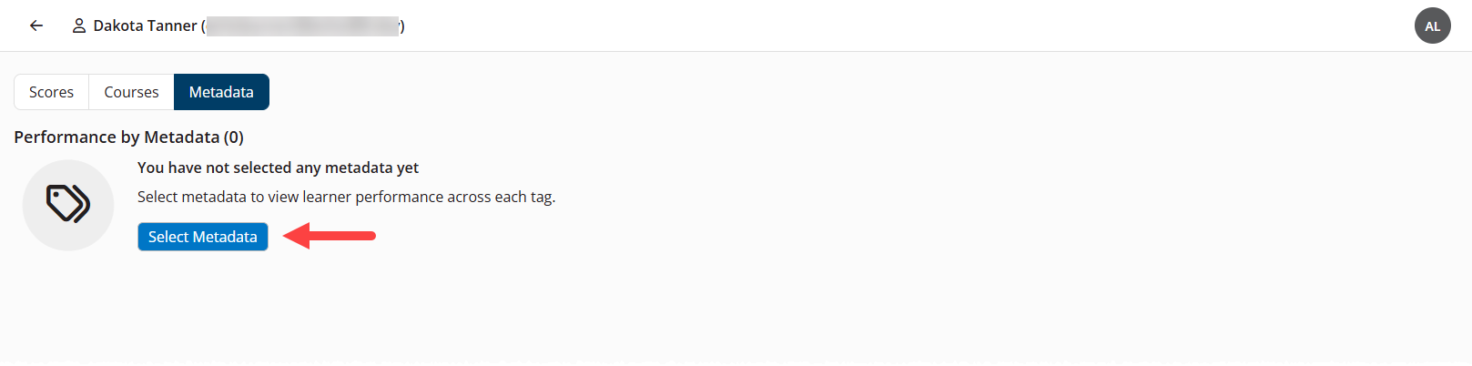 The Metadata tab of the Learner Performance page with the Select Metadata button identified as described