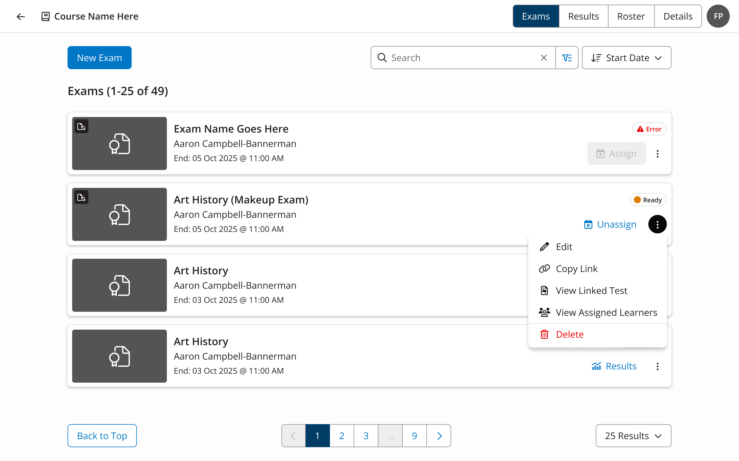Course page showing exams and their status