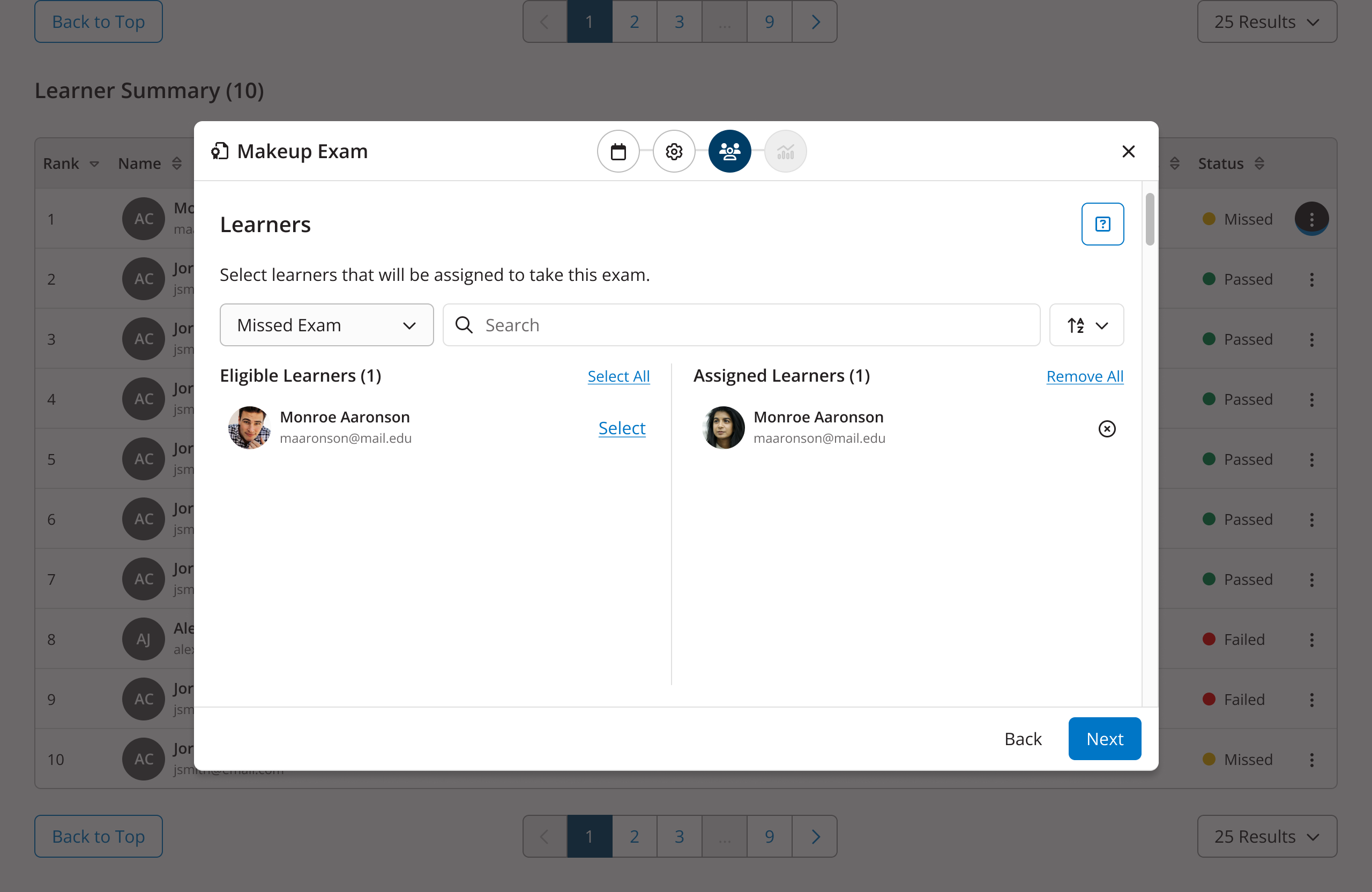 Makeup Exam modal showing eligible and assigned learners for a makeup exam