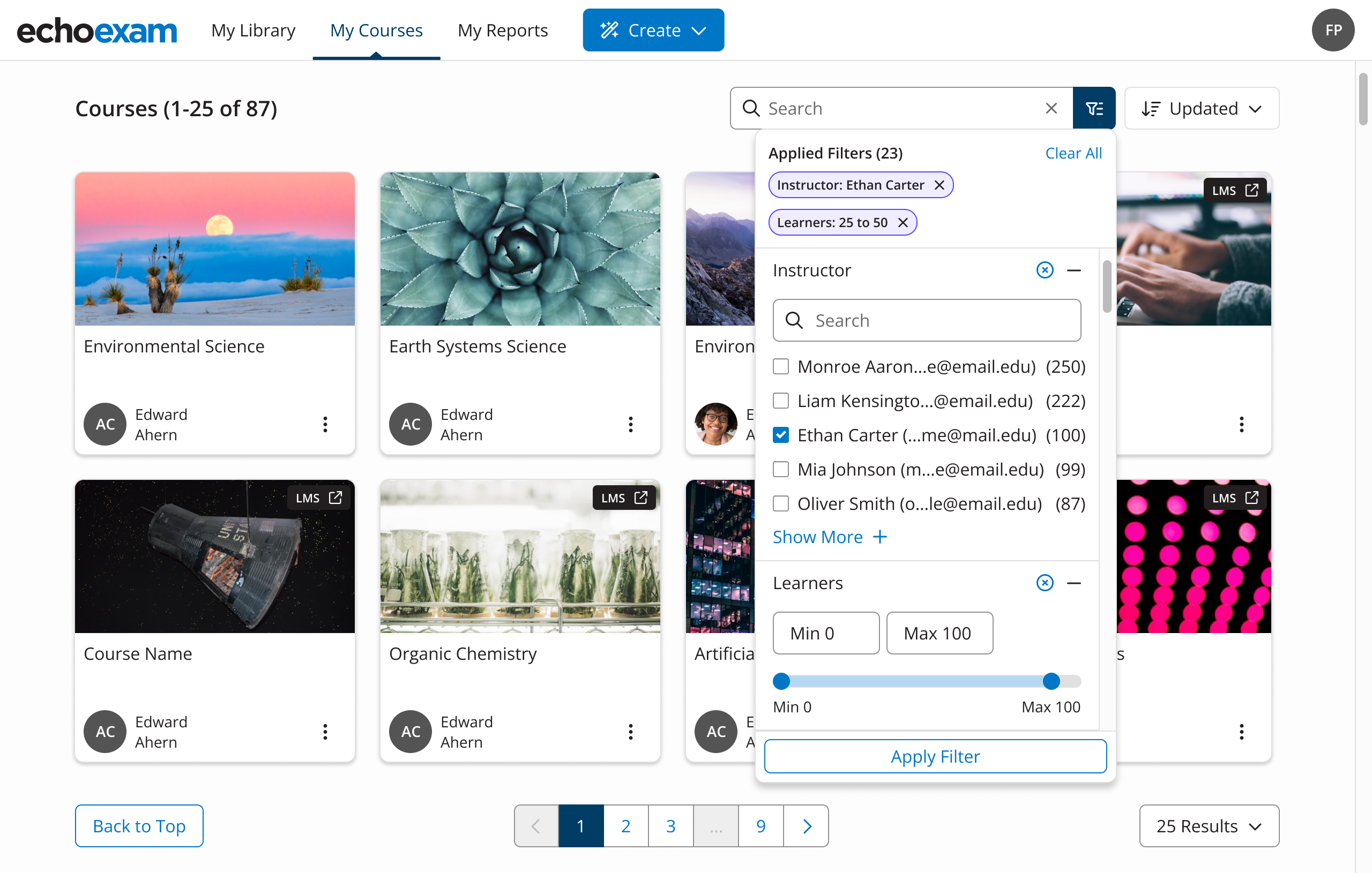 My Courses tab showing faceted filter options
