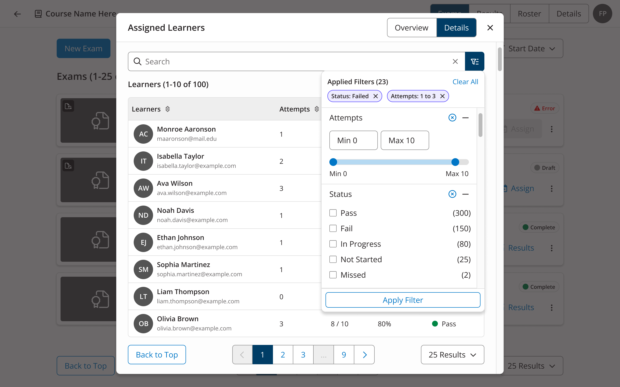 Assigned Learners modal of a selected exam open to show the new design