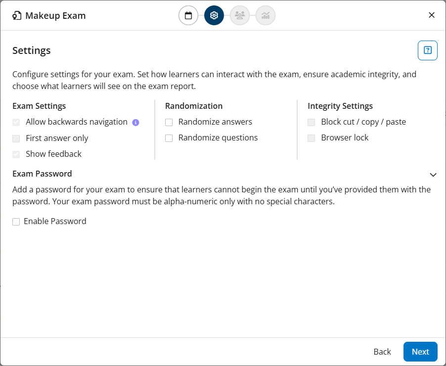 Makeup Exam modal open to Settings