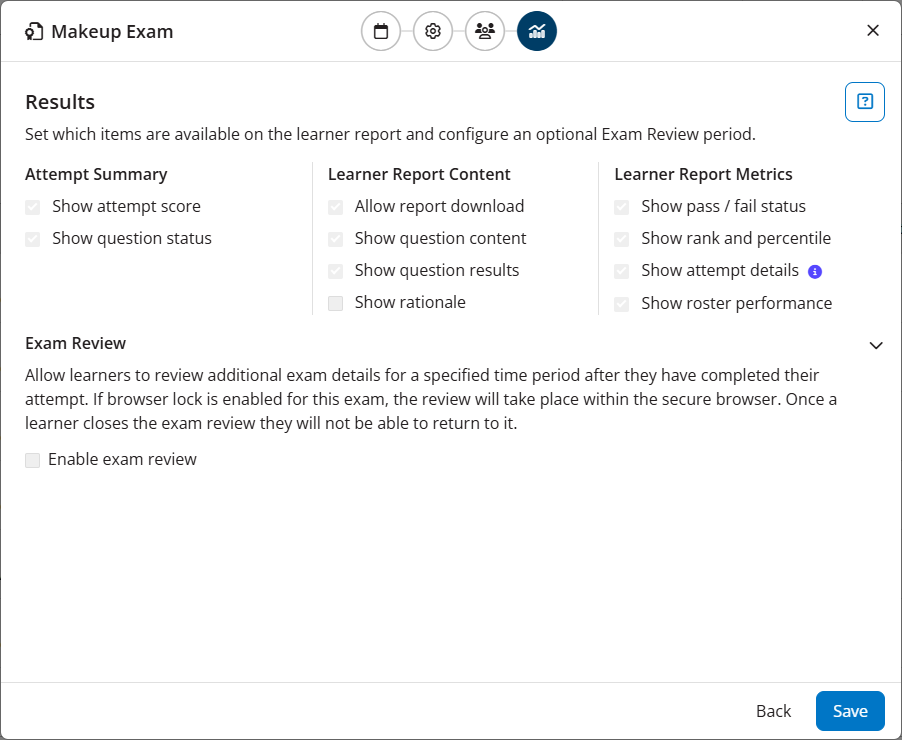 Makeup Exam modal open to Results