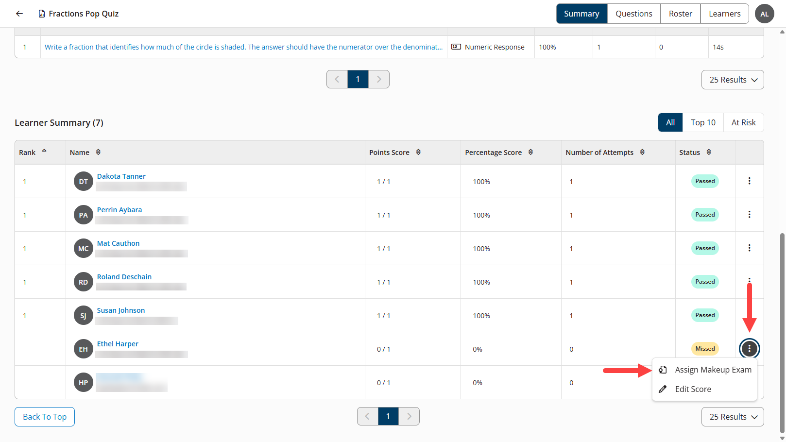 The Learner Summary from the Exam Report Summary tab showing a learner's vertical action menu opened and Assign Makeup Exam identified