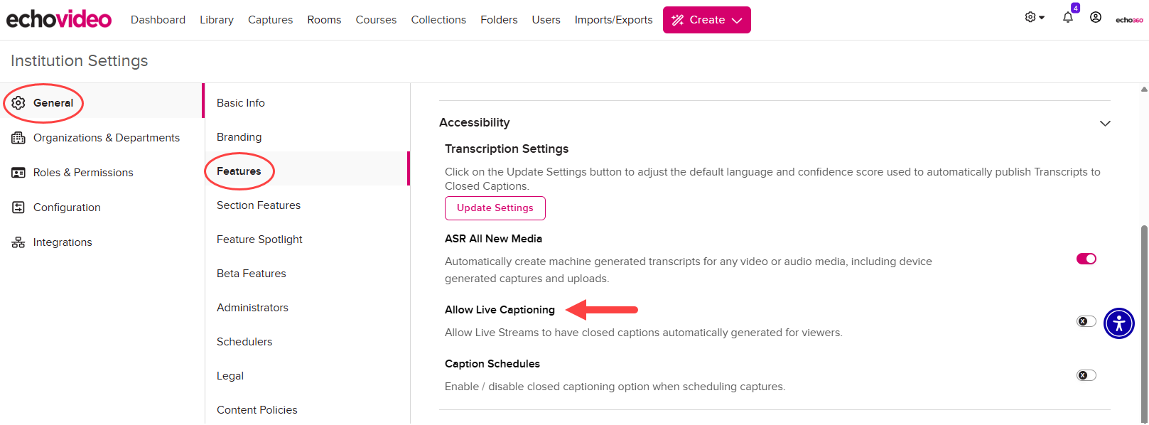 Institution Settings open to General and Features with the Live Captures toggle identified as described