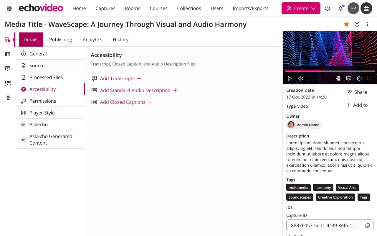 The Media Details Page open to the Accessibility tab of Details showing the option to Add Standard Audio Description