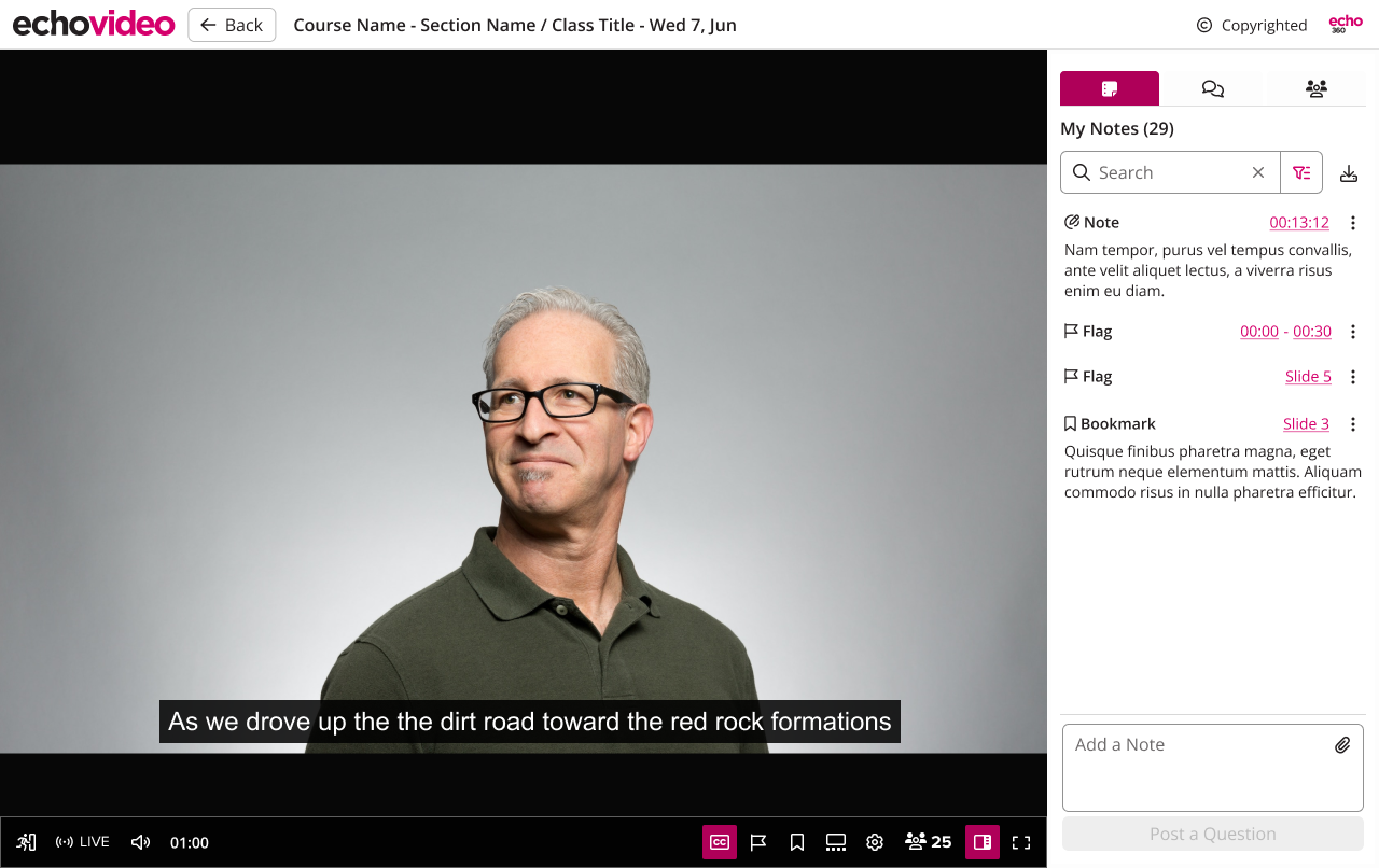 The classroom player during a live class showing captions