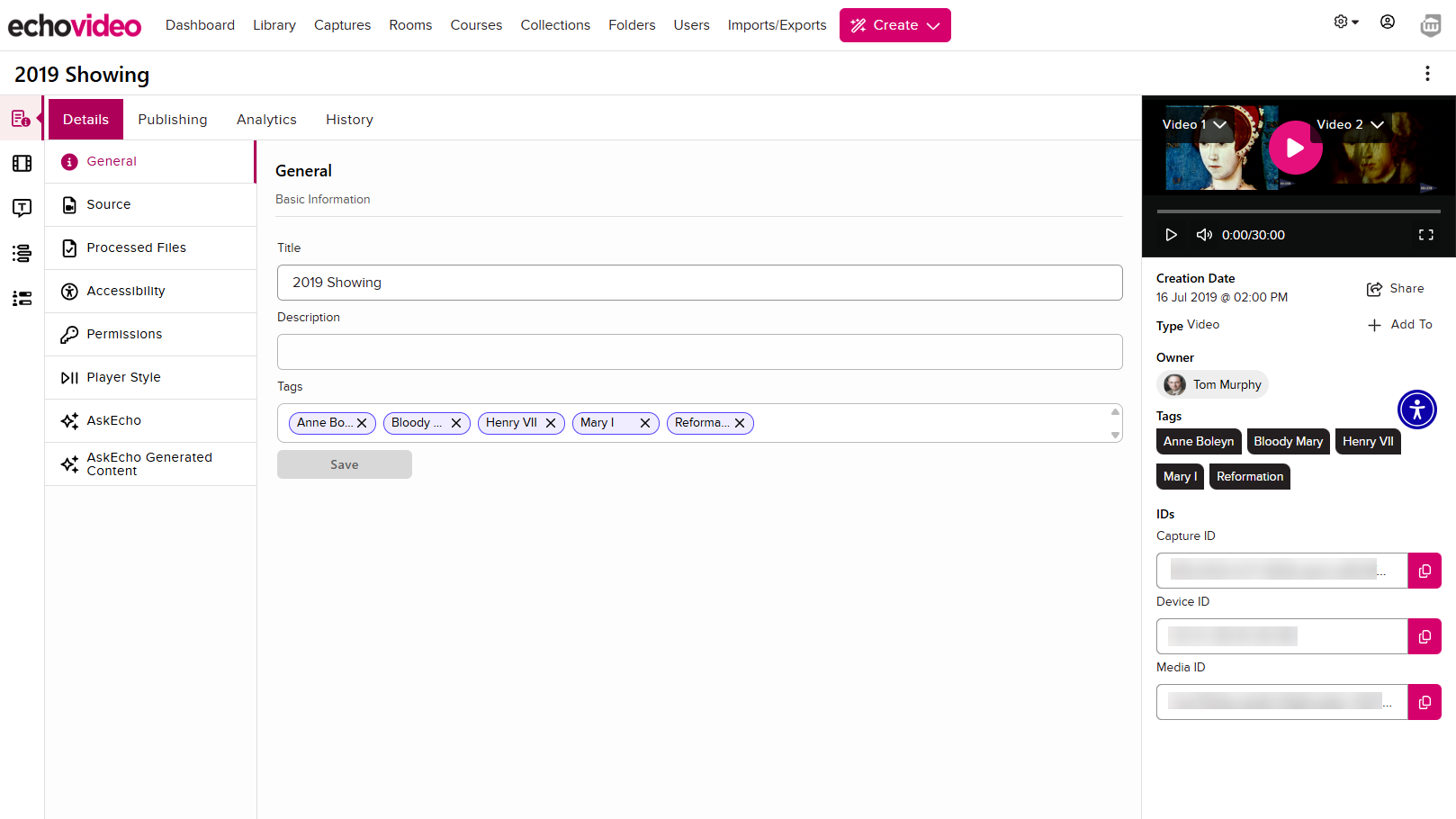 Video opened to the Details tab of the Media Details Page