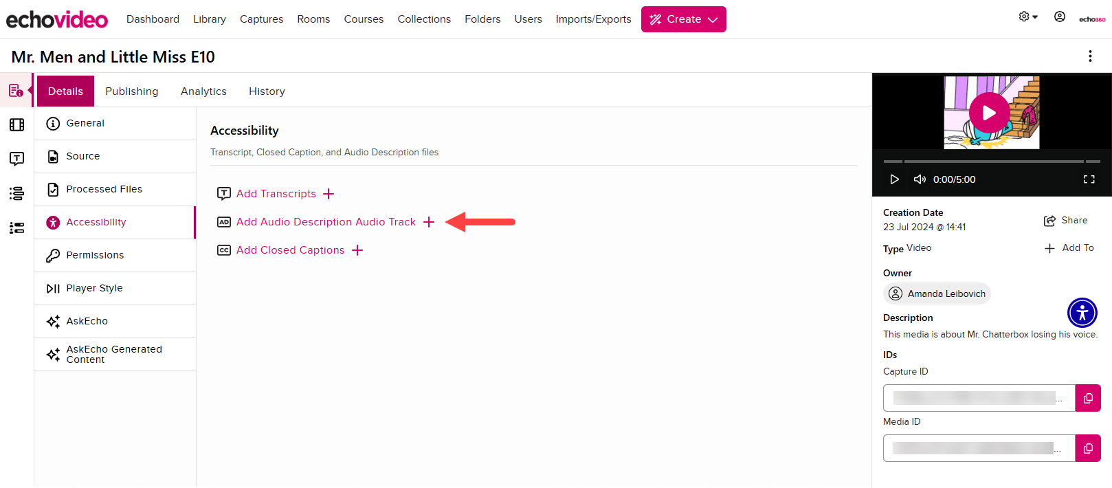 Media details page with Details tab open to Accessibility and Add Audio Description Audio Track identified