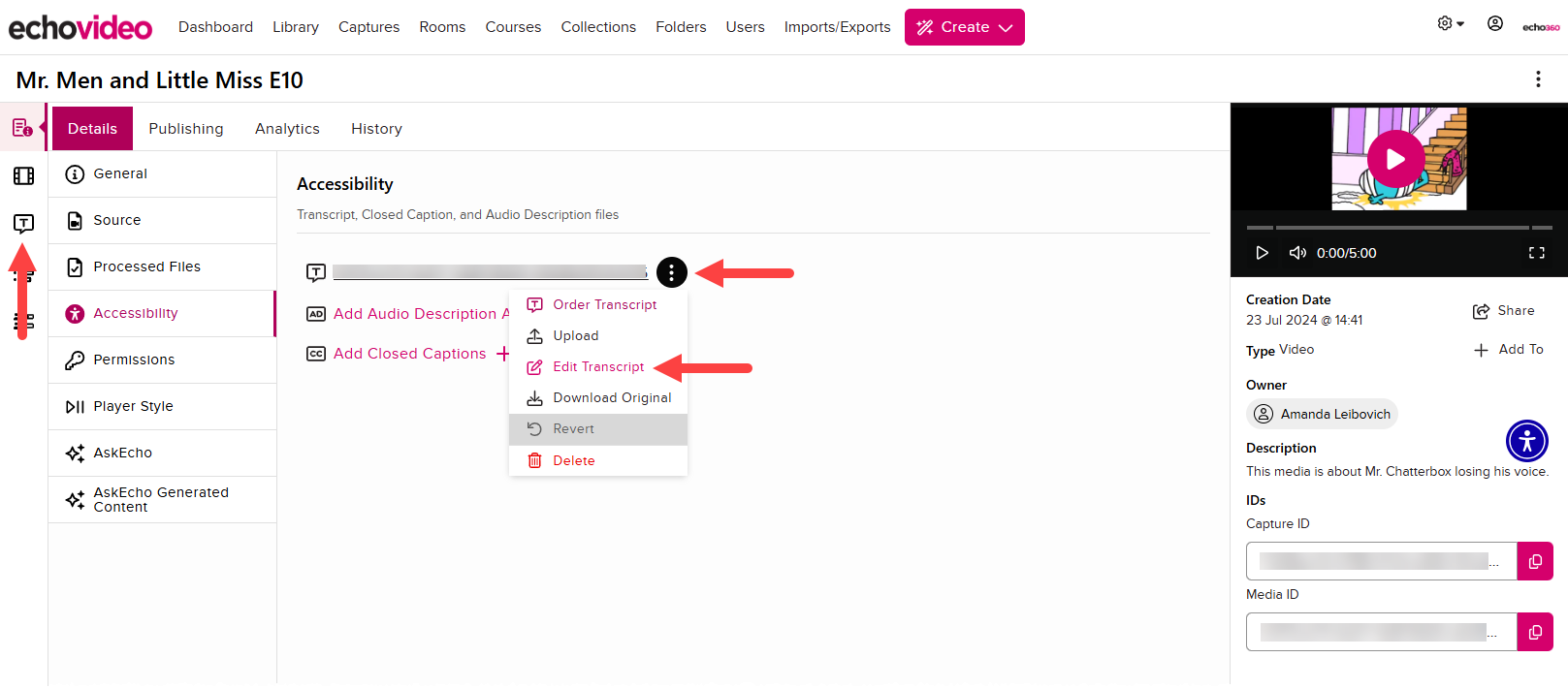 Media details page with details tab open and two Edit Transcript command locations identified as described