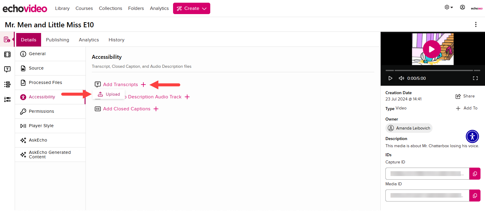 Media details page with Details tab open and Add Transcript identified