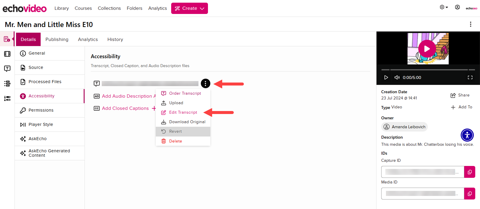 Media details page with details tab open and two Edit Transcript command locations identified as described