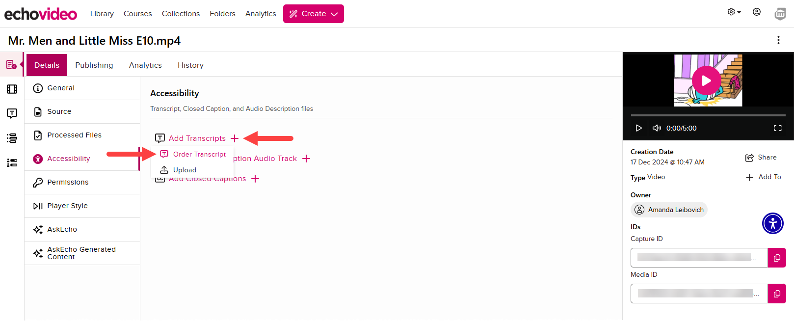 Media details page with Details tab open and Order Transcript identified