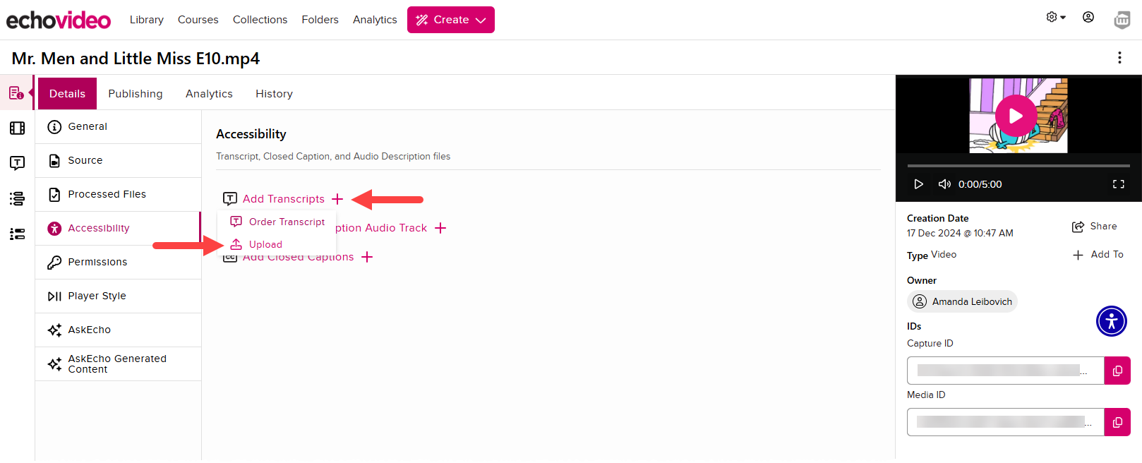 Media details page with Details tab open and Upload Transcript identified